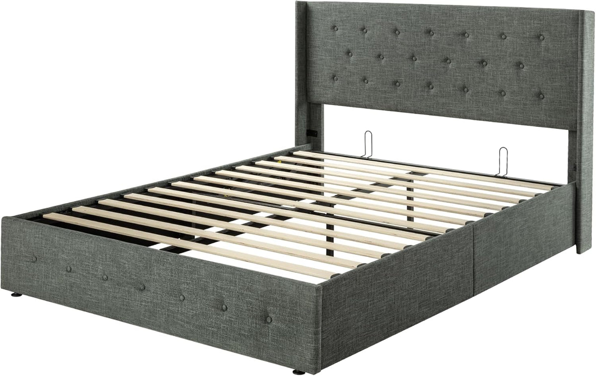 Queen Size Lift Up Storage Bed with Wingback Headboard, Upholstered Platform Bed Frame with Hidden Storage