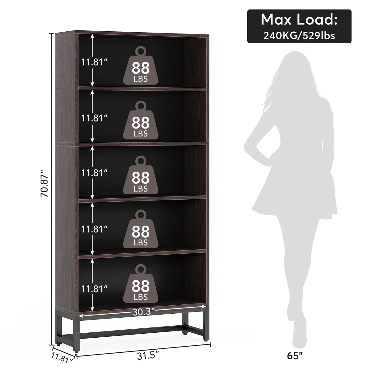70.87 Inch Tall 5-Tier Bookcase, Large Bookshelf with 31.5 Inch Wide Storage
