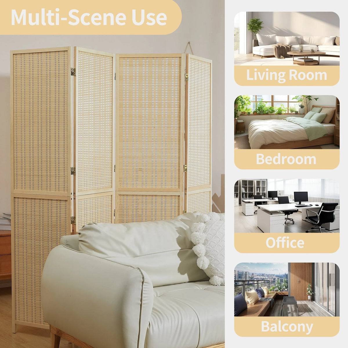 4-Panel Bamboo Folding Partition Screen 6FT Detachable Room Divider