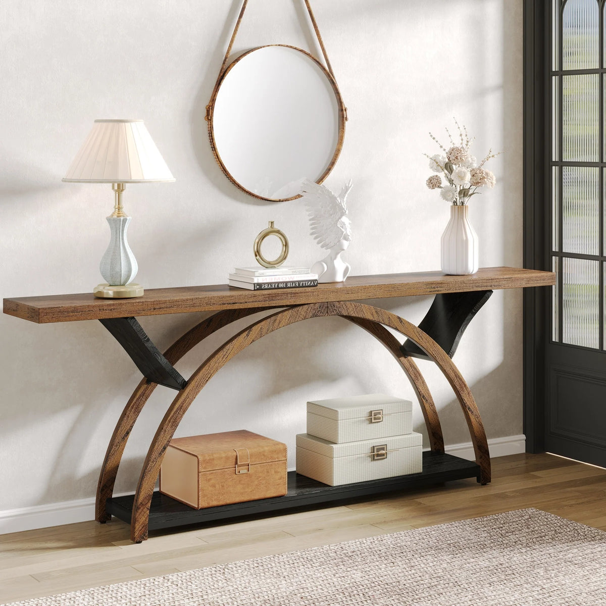 Gray 2-Tier Slim Console Sofa Table, Semi-Circular Metal Frame for Hallway