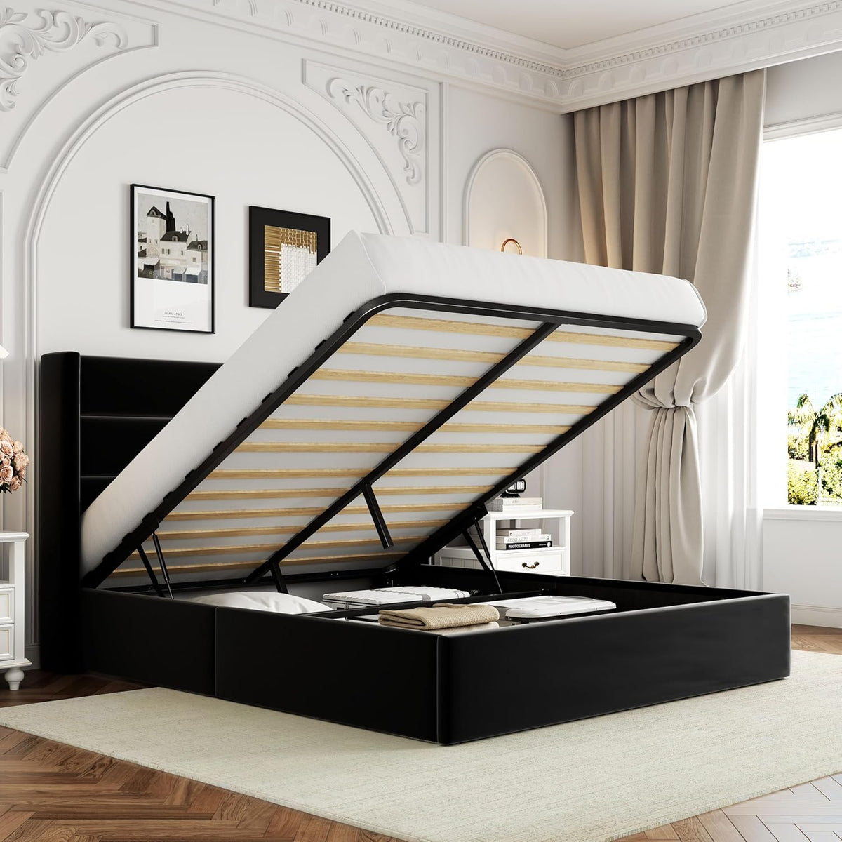 Queen Size Lift Up Storage Bed with Wingback Headboard, Upholstered Platform Bed Frame with Hidden Storage