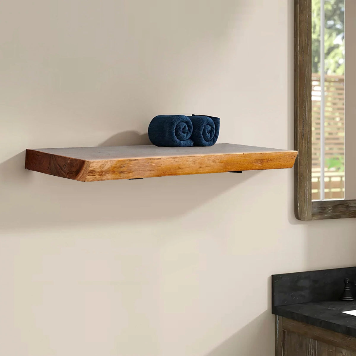 1 Piece Teak Wood Wall Shelf with Live Edge, Rustic Floating Shelf for Home Decor