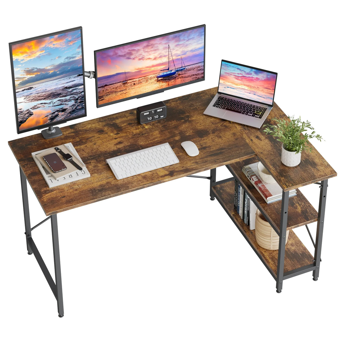 Small L Shaped Computer Desk with Storage Shelves, Compact Corner Workstation for Home Office and Study