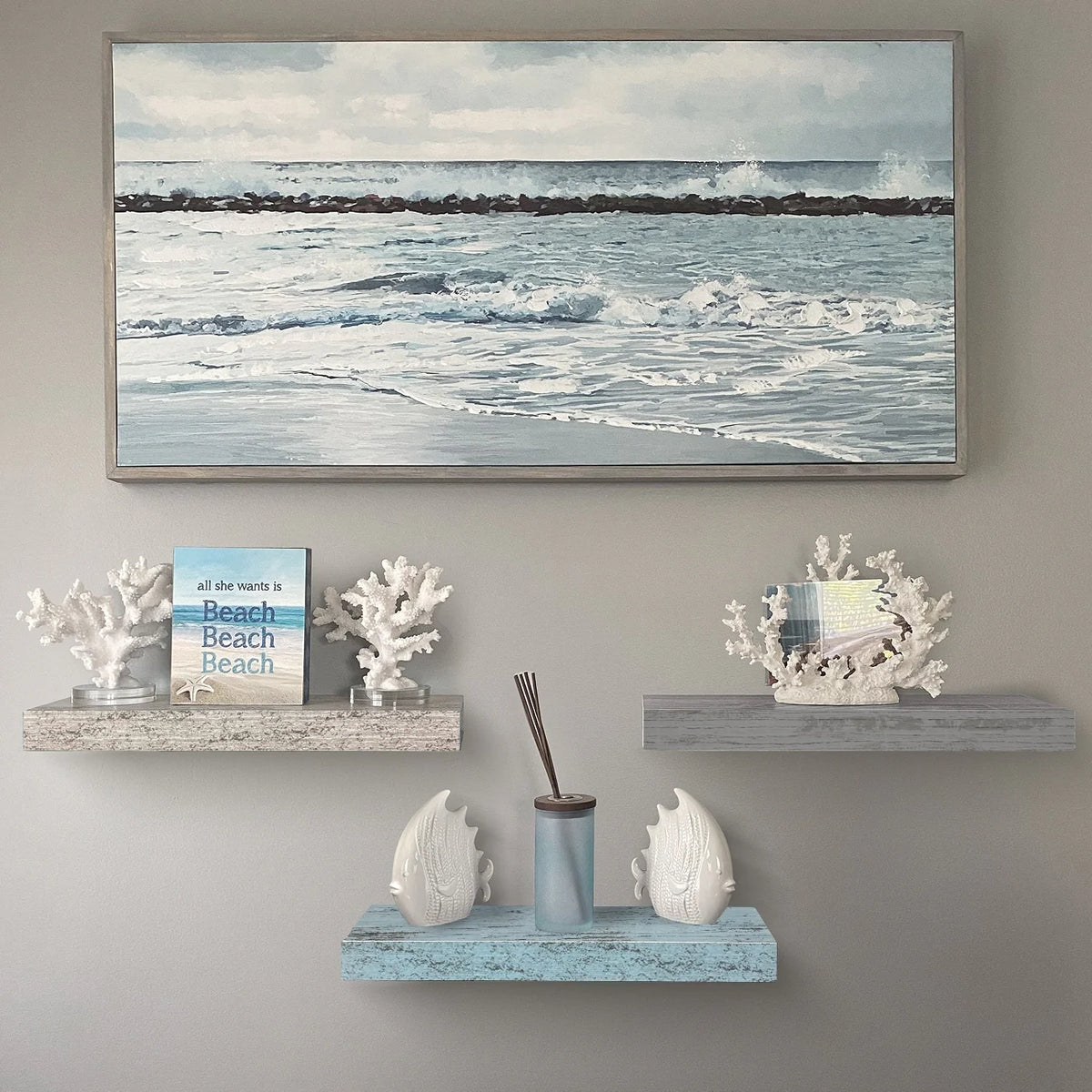 3-Pack Rustic Wood Floating Wall Shelves, Beach Style Hanging Display and Storage Shelves