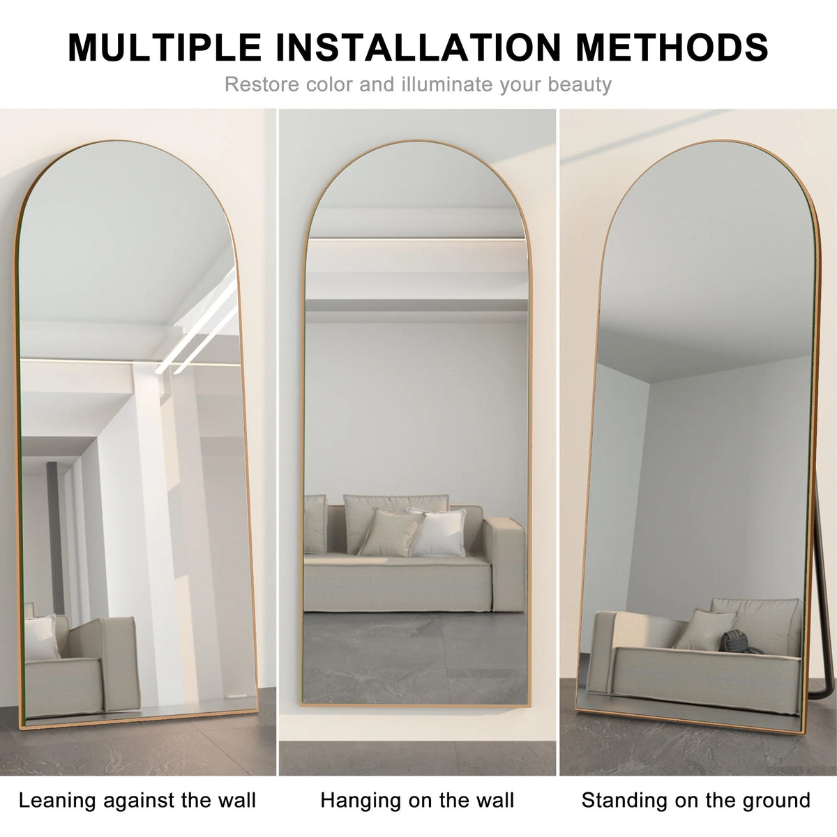 Arched Full Length Wood Floor Mirror, Full Body Standing and Wall Mounted Mirror for Bedroom, Living Room and Home Decor