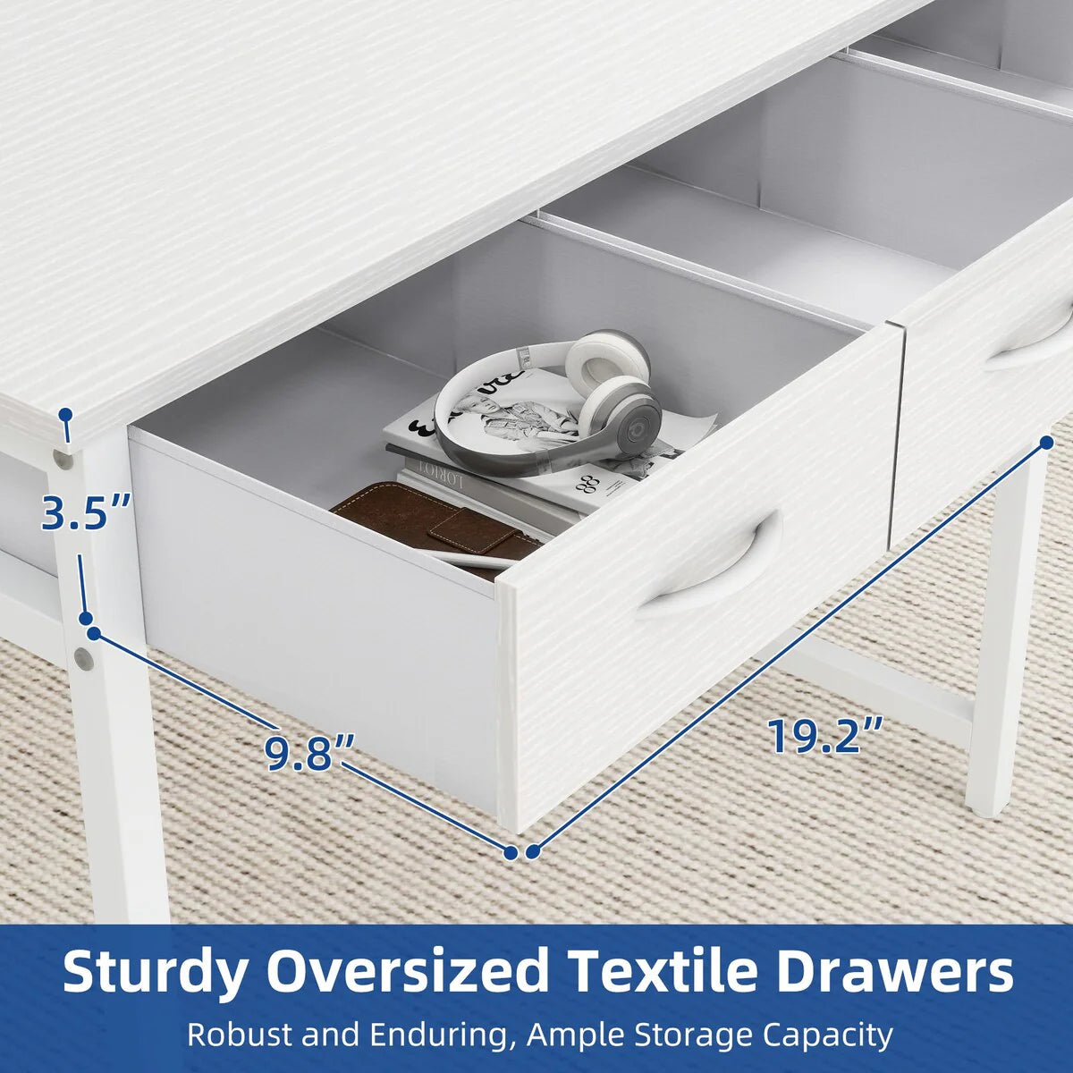 Small Computer Desk with Fabric Drawers and Monitor Stand, Compact Home Office Workstation for Small Spaces