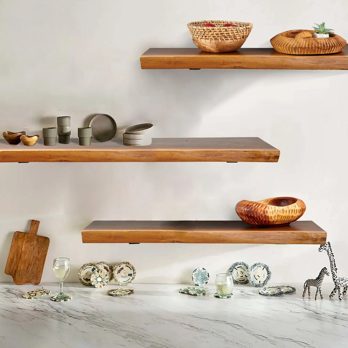 1 Piece Teak Wood Wall Shelf with Live Edge, Rustic Floating Shelf for Home Decor