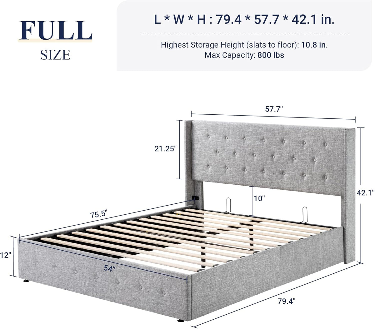 Queen Size Lift Up Storage Bed with Wingback Headboard, Upholstered Platform Bed Frame with Hidden Storage