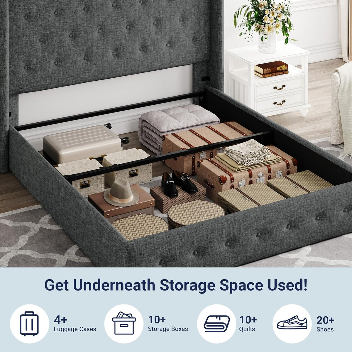 Queen Size Lift Up Storage Bed with Wingback Headboard, Upholstered Platform Bed Frame with Hidden Storage