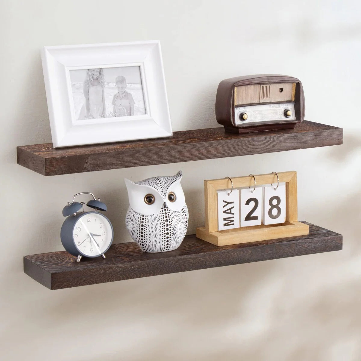 Set of 2 Handcrafted European Pine Floating Wall Shelves, Natural Rustic Wood