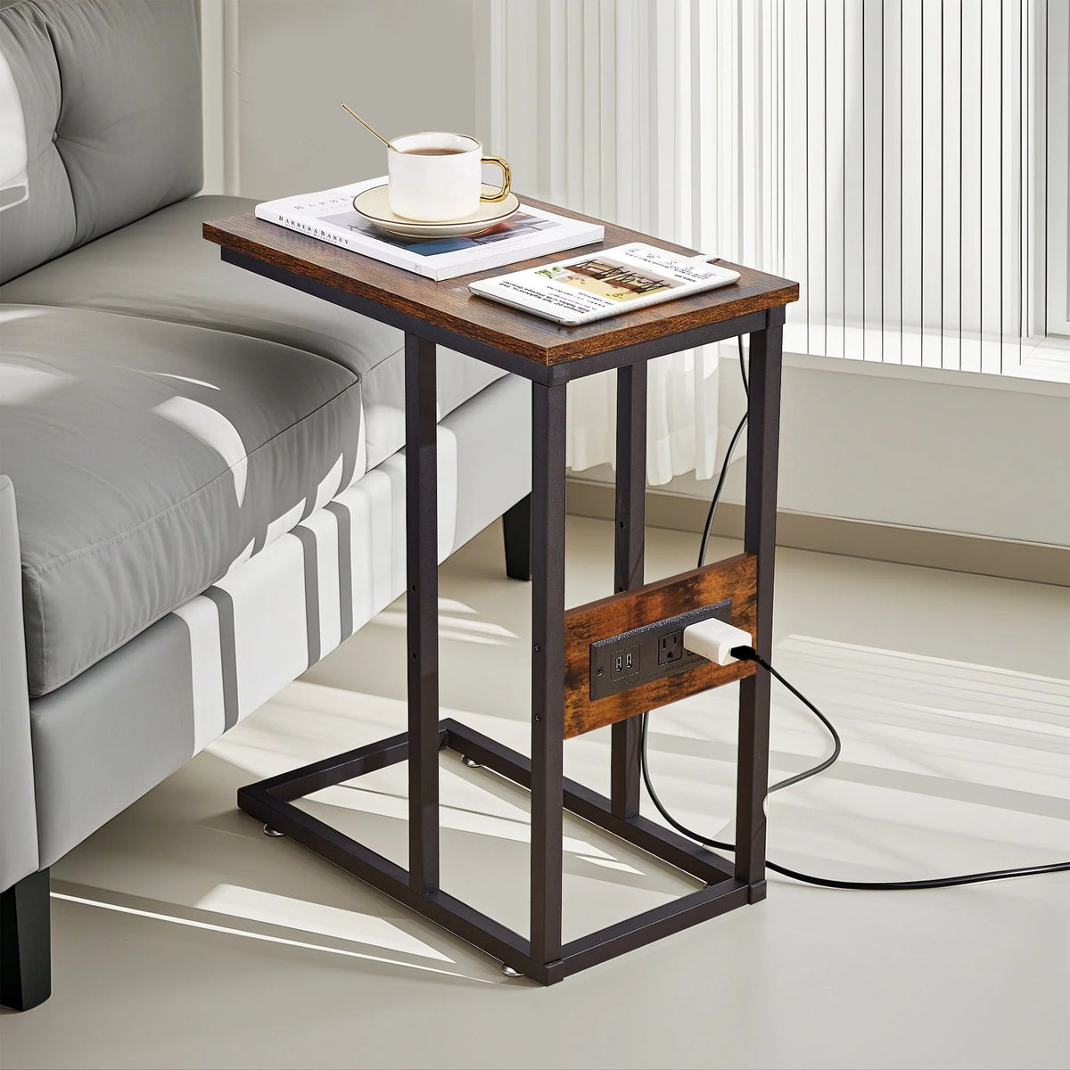 Set of 2 C-Shaped Sofa Side Tables, Small End Tables for Living Room, Bedside and TV Tray