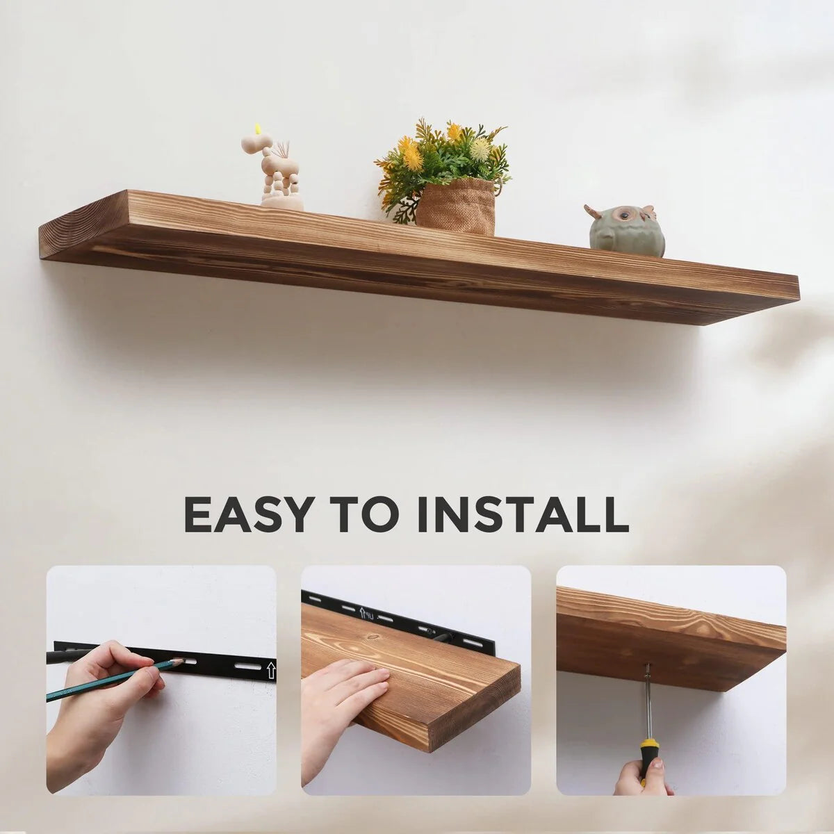 Set of 2 Handcrafted European Pine Floating Wall Shelves, Natural Rustic Wood