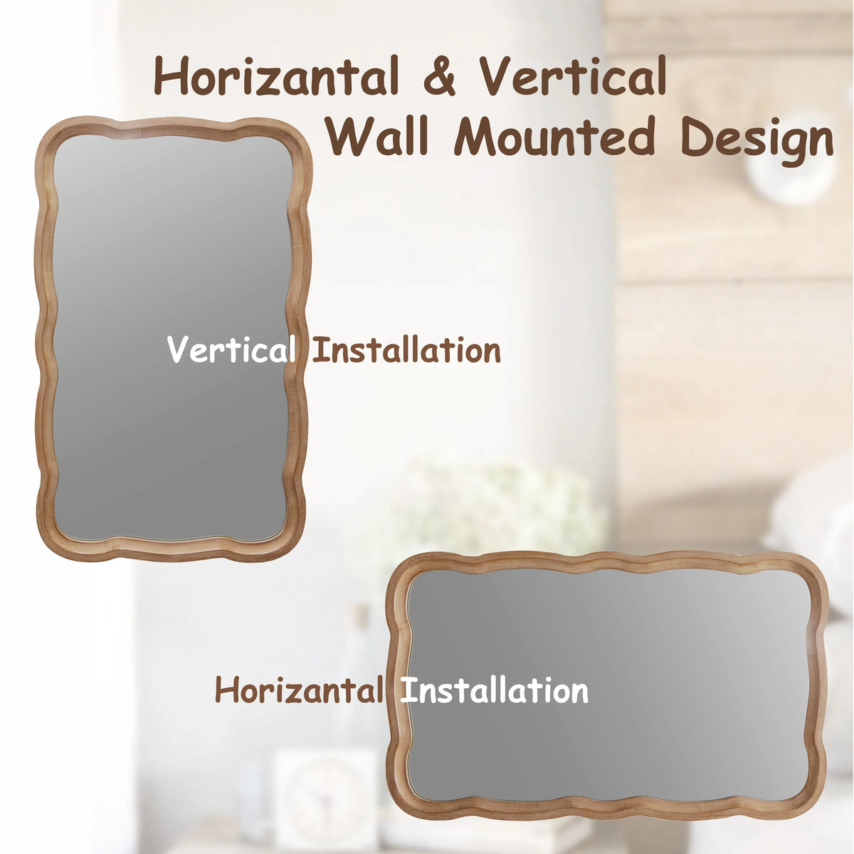 Curved Scallop Wood Frame Accent Mirror, Modern Decorative Wall Mirror for Living Room, Bedroom and Entryway