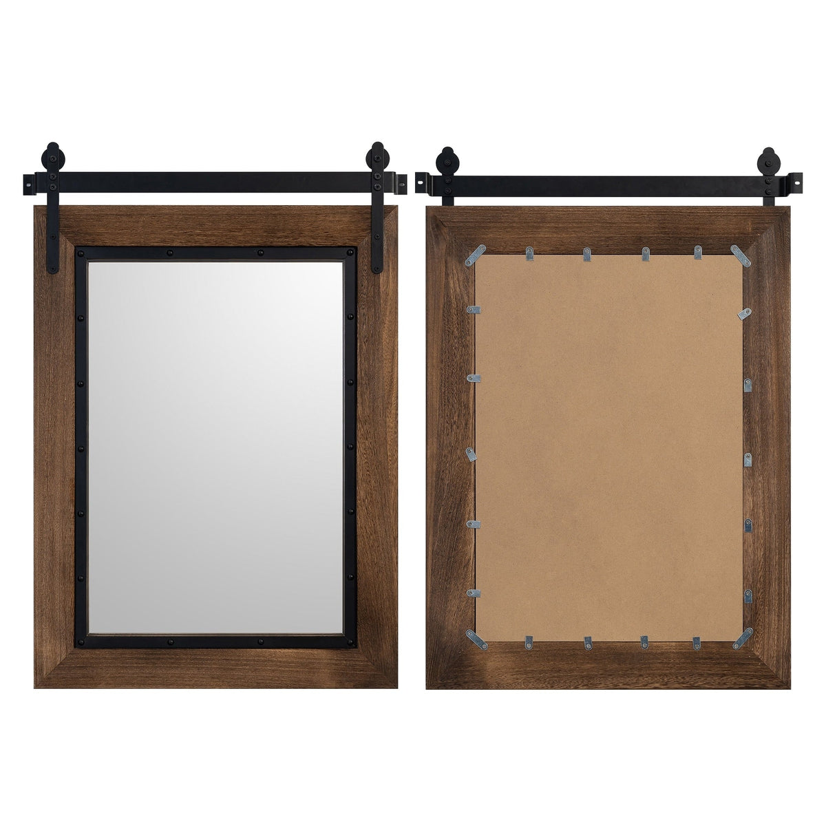 Farmhouse Barn Door Style Bathroom Vanity Mirror, Natural Wood Wall Mirror for Bathroom, Bedroom and Entryway