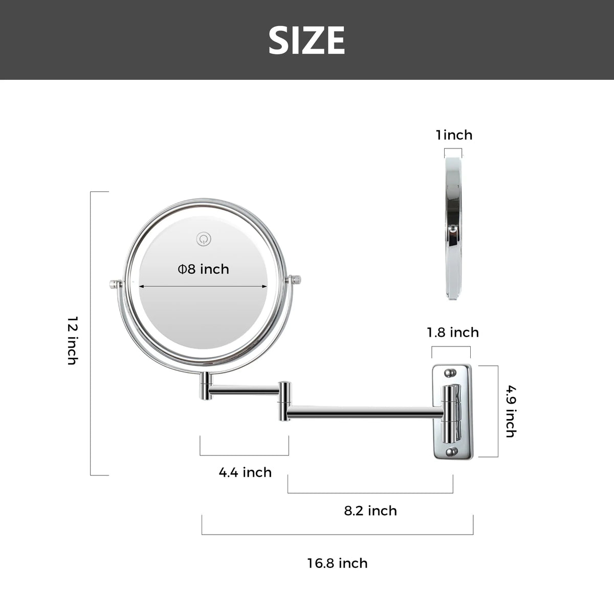 8 Inch Round Wall Mounted Makeup Mirror, Rechargeable, 1X/10X Magnification, 3-Color LED Lights