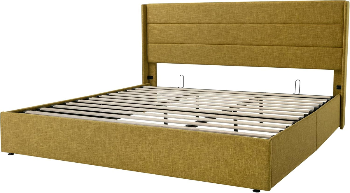 Queen Size Lift Up Storage Bed with Wingback Headboard, Upholstered Platform Bed Frame with Hidden Storage