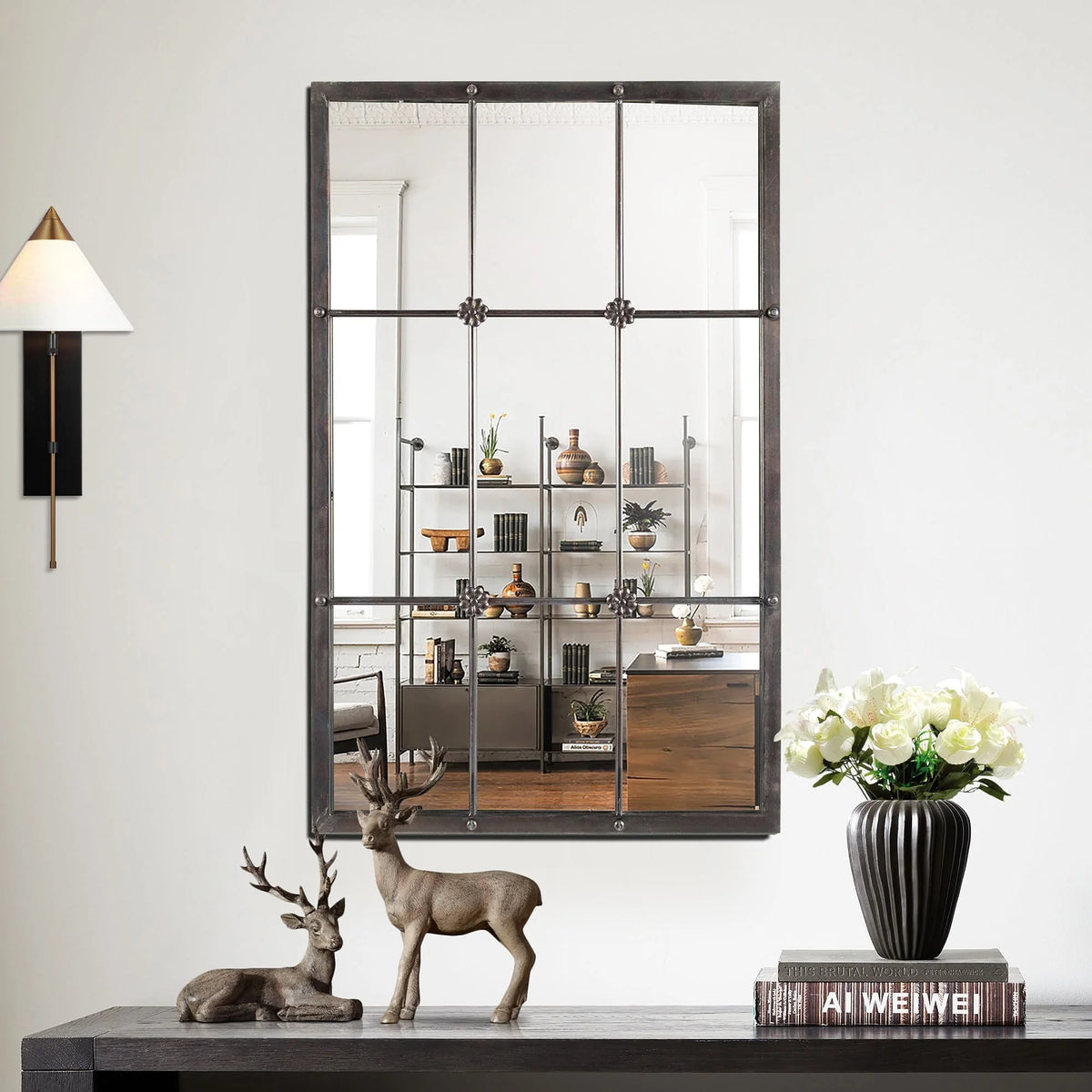 Rustic Brown Windowpane Wall Mirror with Metal Frame, 37.75" H x 23.8" W