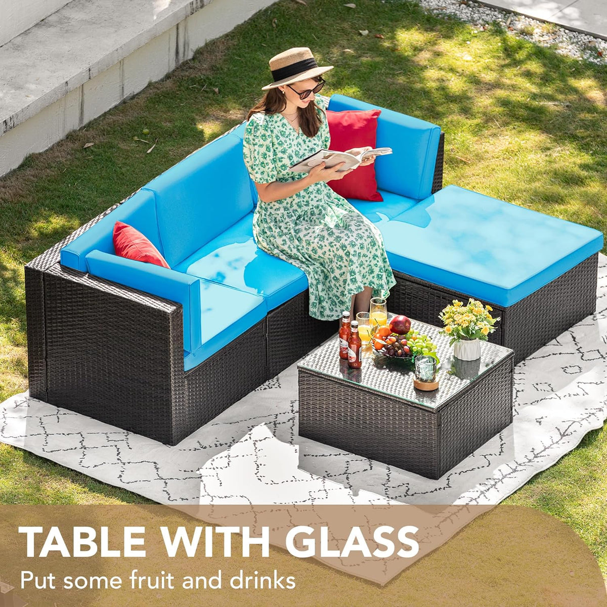 5-Piece All-Weather Patio Furniture Set with Cushions, Outdoor Wicker Conversation Sofa Set for Garden, Deck & Backyard