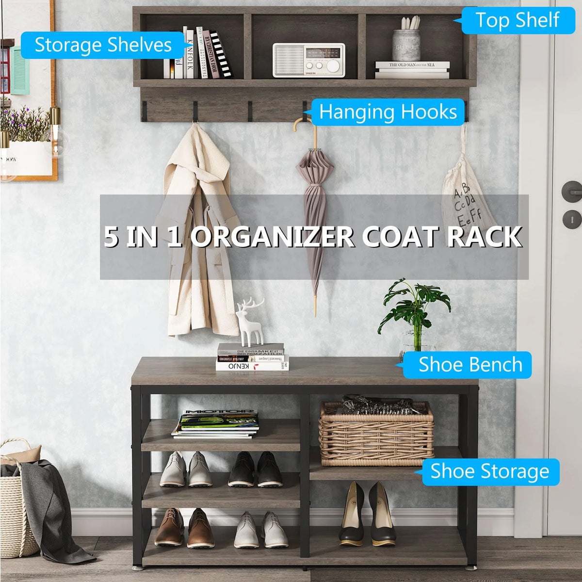 Entryway Coat Rack and Shoe Bench Set, Industrial Hall Tree with Coat and Shoe Storage