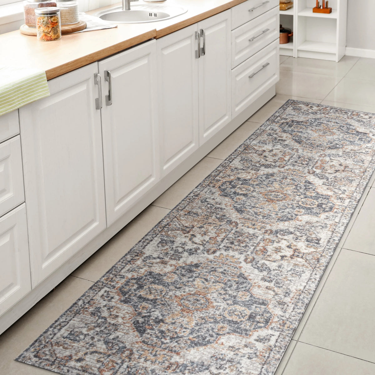 Bohemian Medallion Low-Pile Machine-Washable Area Rug, Cream and Terra