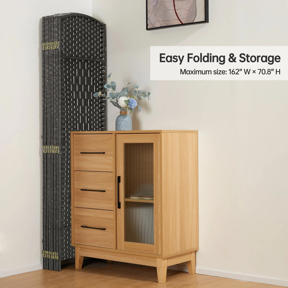 6 FT Tall Woven Fiber Room Divider, Freestanding Folding Privacy Screen