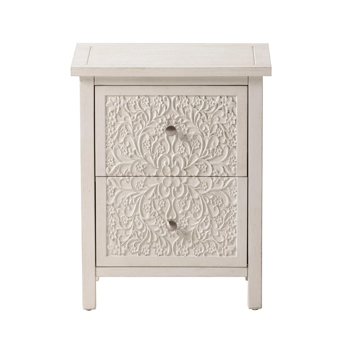 Farmhouse Fully Assembled Nightstand with 2 Drawers, Flower Motif End Table for Small Spaces