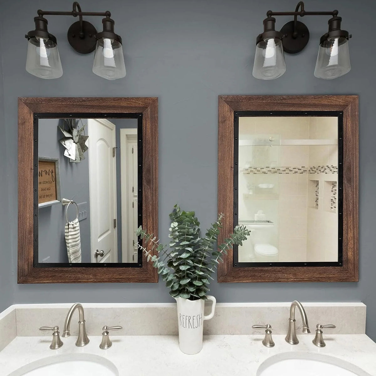 Rustic Wood and Iron Framed Bathroom Vanity Mirror, Wall Mounted Farmhouse Mirror for Bathroom and Bedroom