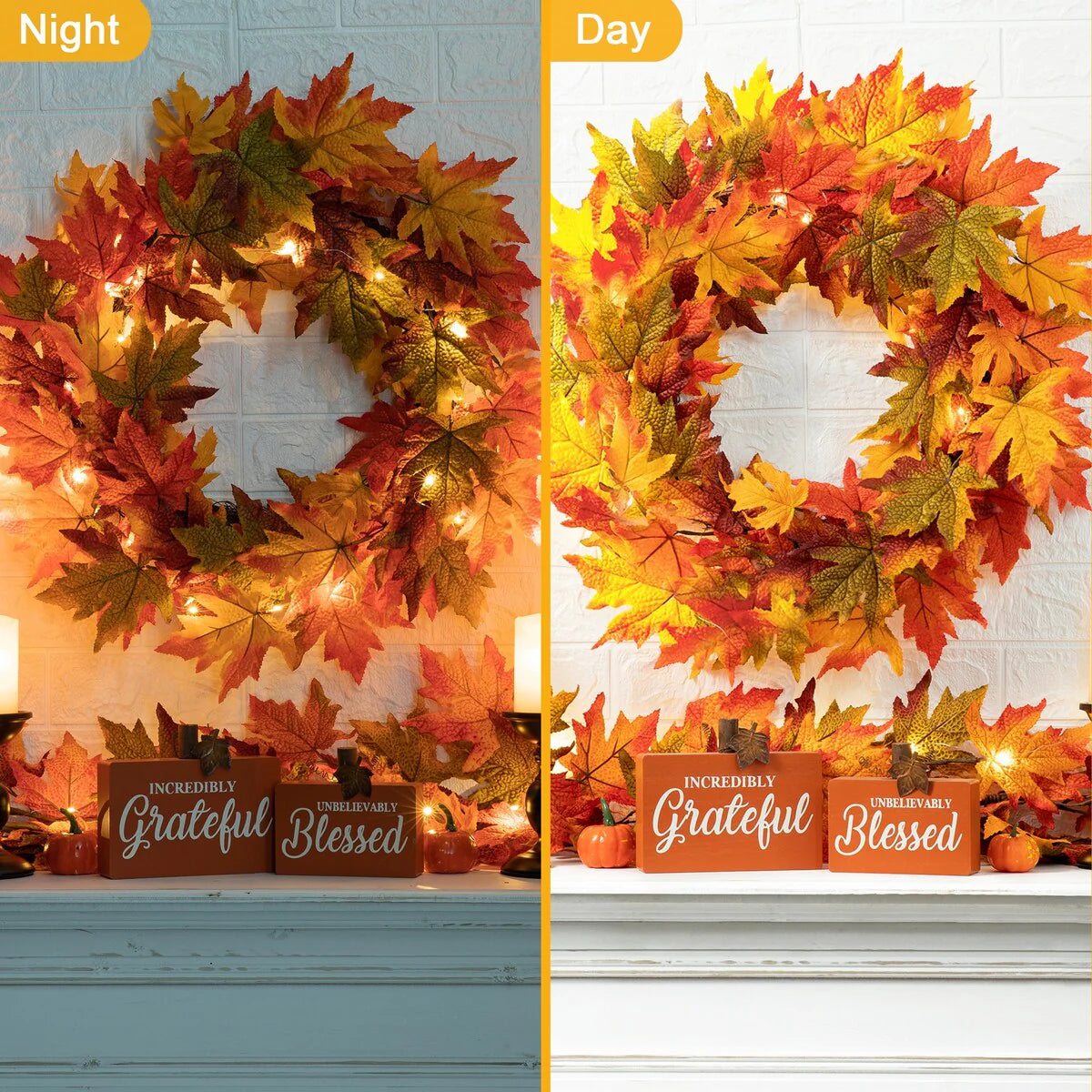 Thanksgiving LED Lighted Fall Maple Leaf Wreath and Garland - Autumn Home Decor