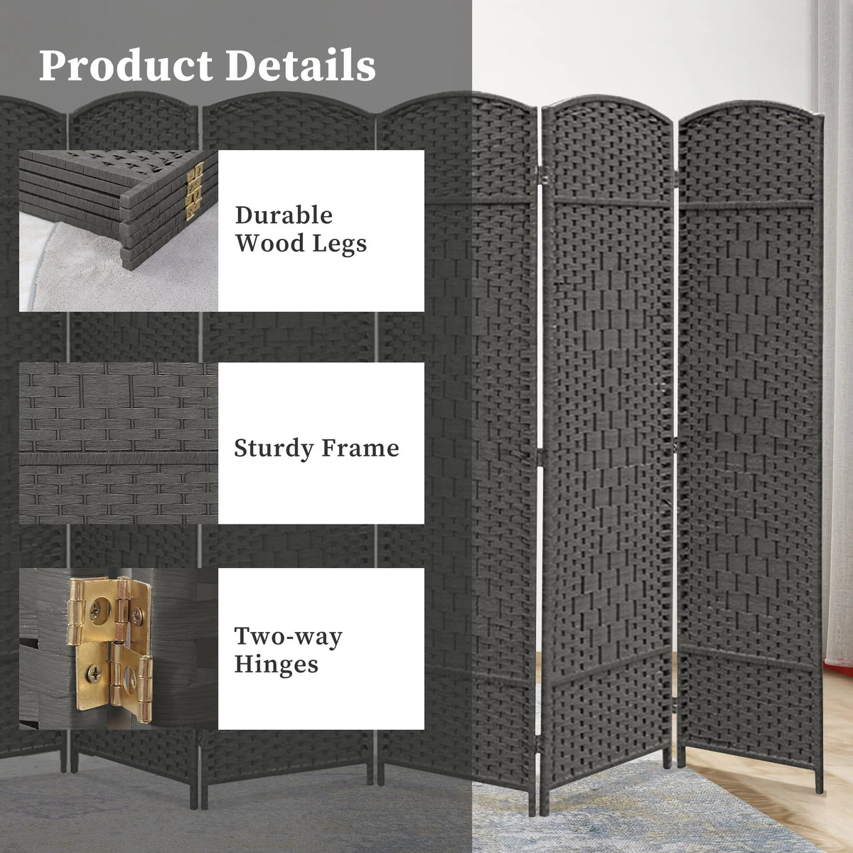 6 FT Tall Woven Fiber Room Divider, Freestanding Folding Privacy Screen