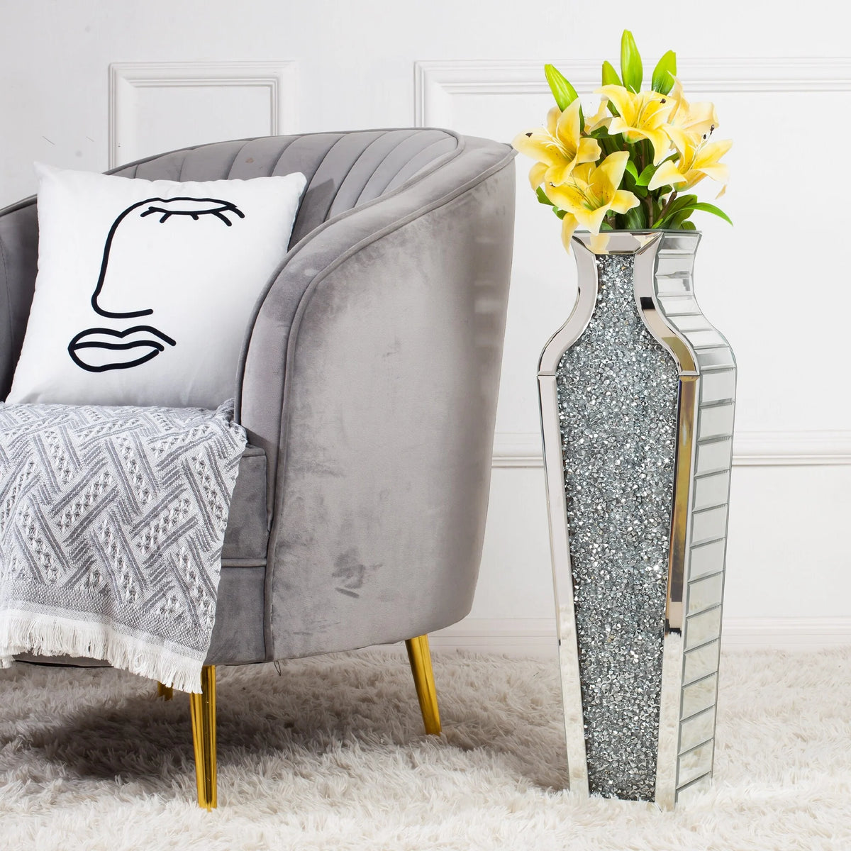Tall Crushed Diamond Floor Vase, Luxury Decorative Crystal Accent Vase for Living Room, Bedroom and Home Decor