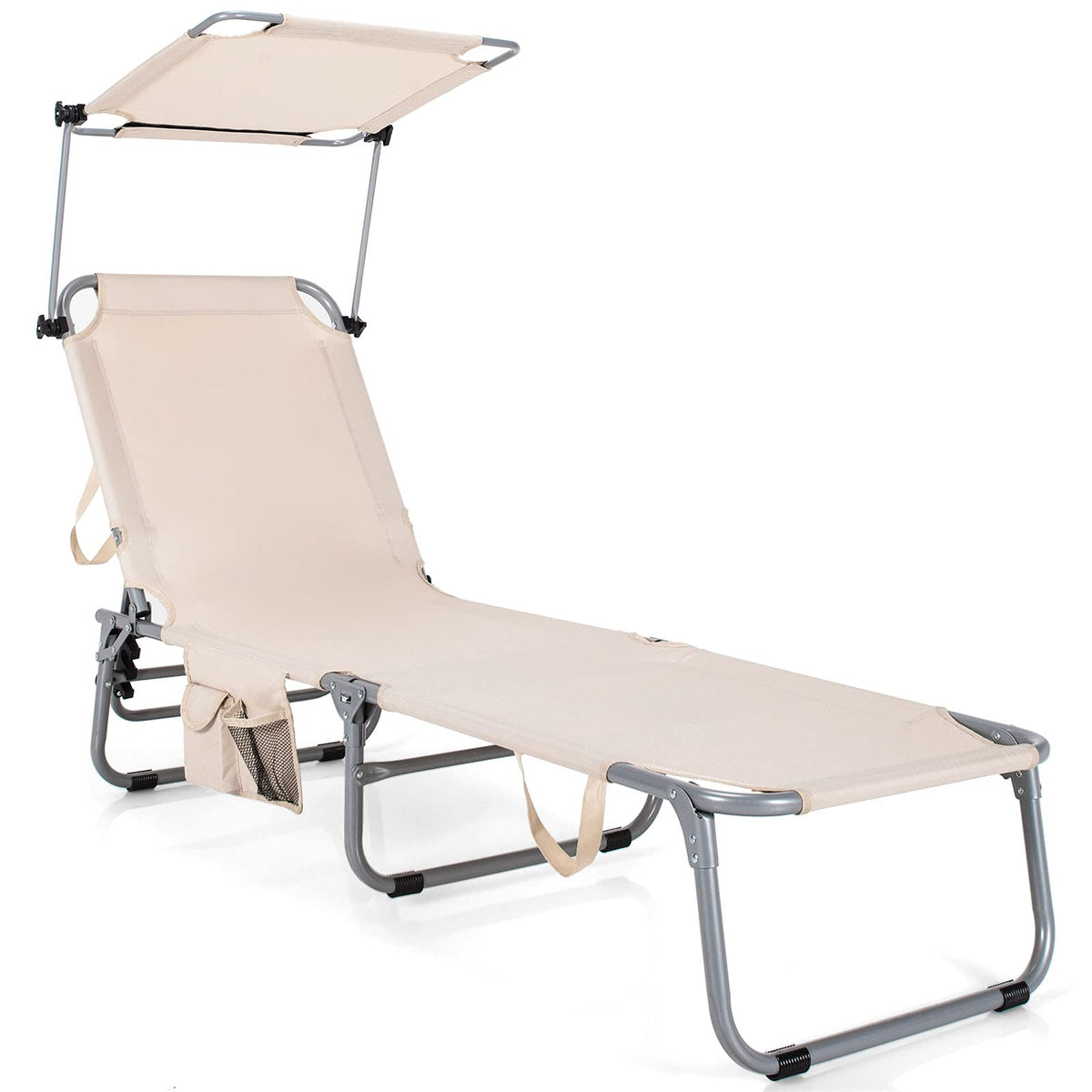 Folding Lounge Chair with Canopy �� Shade Chair with Storage Pocket