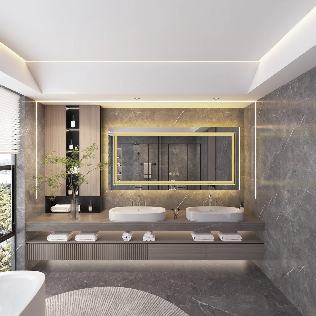 Extra Large LED Lighted Bathroom Mirror, Anti-Fog Wall Mounted Vanity Mirror with 3 Colors