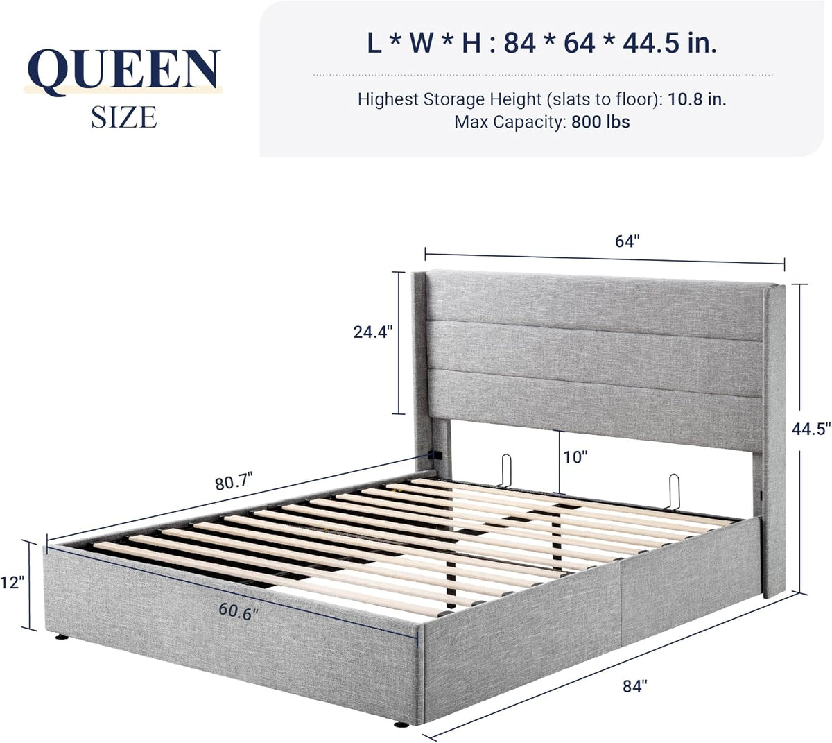 Queen Size Lift Up Storage Bed with Wingback Headboard, Upholstered Platform Bed Frame with Hidden Storage
