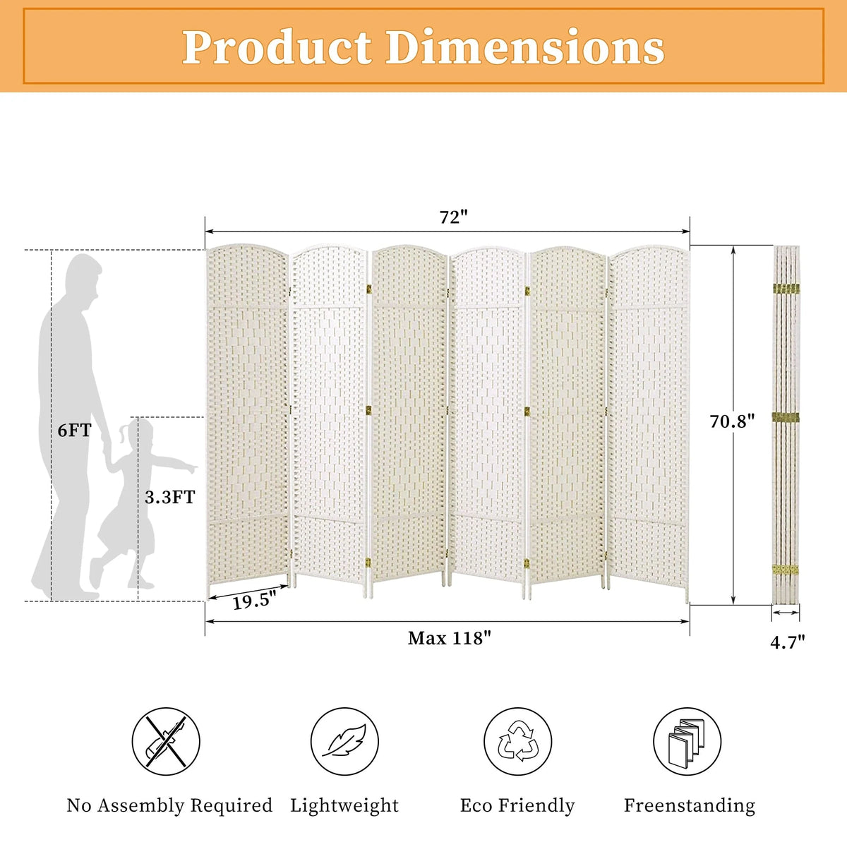 6 FT Tall Woven Fiber Room Divider, Freestanding Folding Privacy Screen