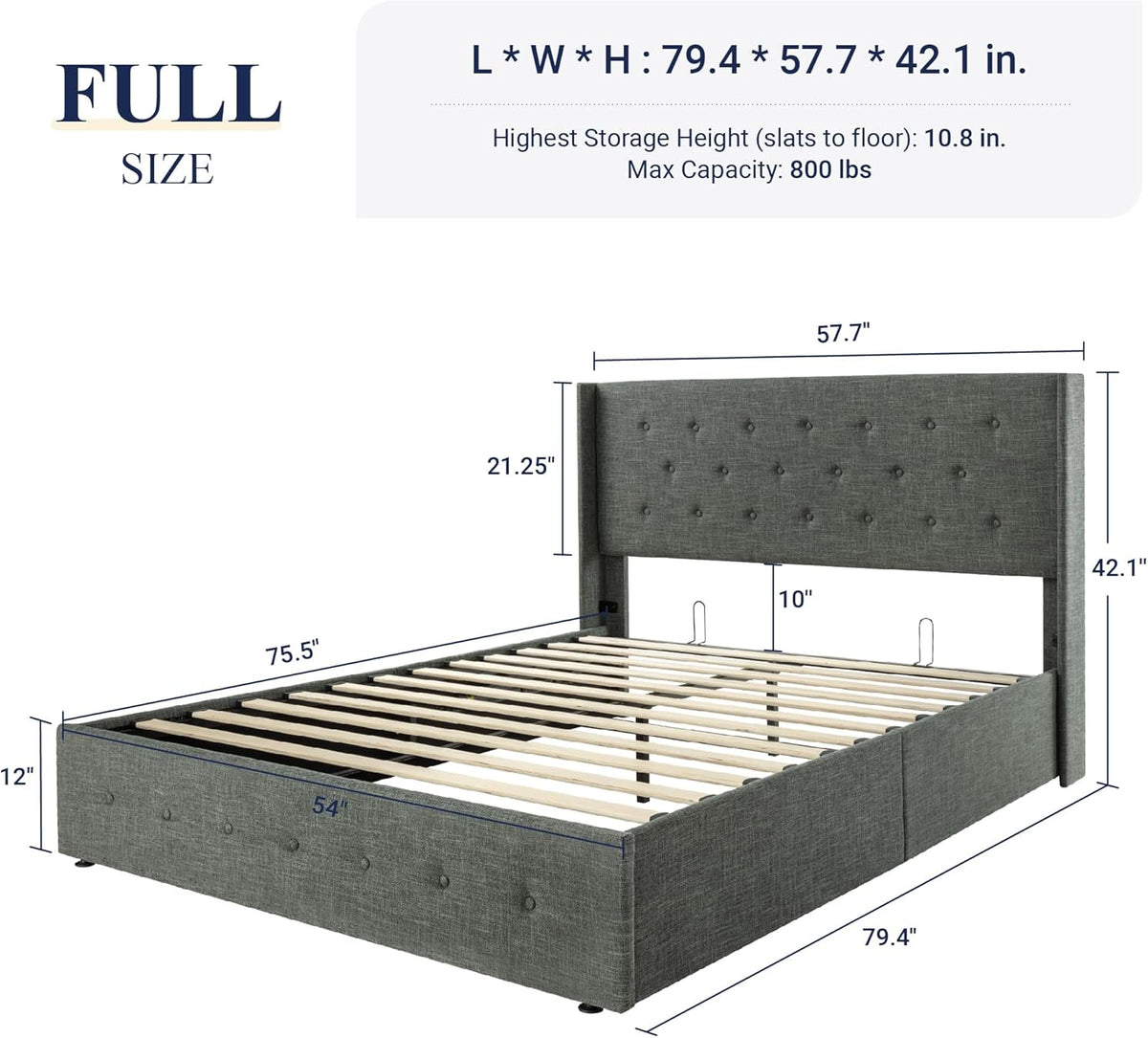Queen Size Lift Up Storage Bed with Wingback Headboard, Upholstered Platform Bed Frame with Hidden Storage