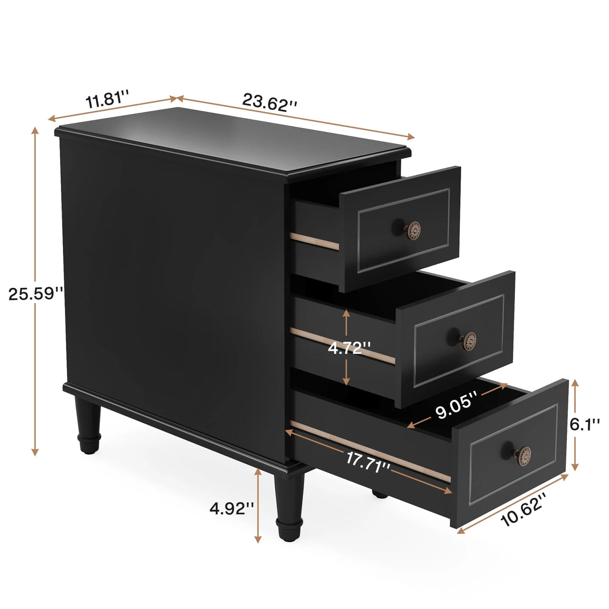 Fully Assembled Narrow End Table, Solid Wood Side Table with 3 Drawers, Vintage Nightstand for Small Spaces