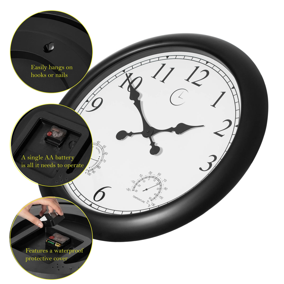 Large Outdoor Wall Clock with Thermometer, Waterproof Silent Garden Weather Station, Black