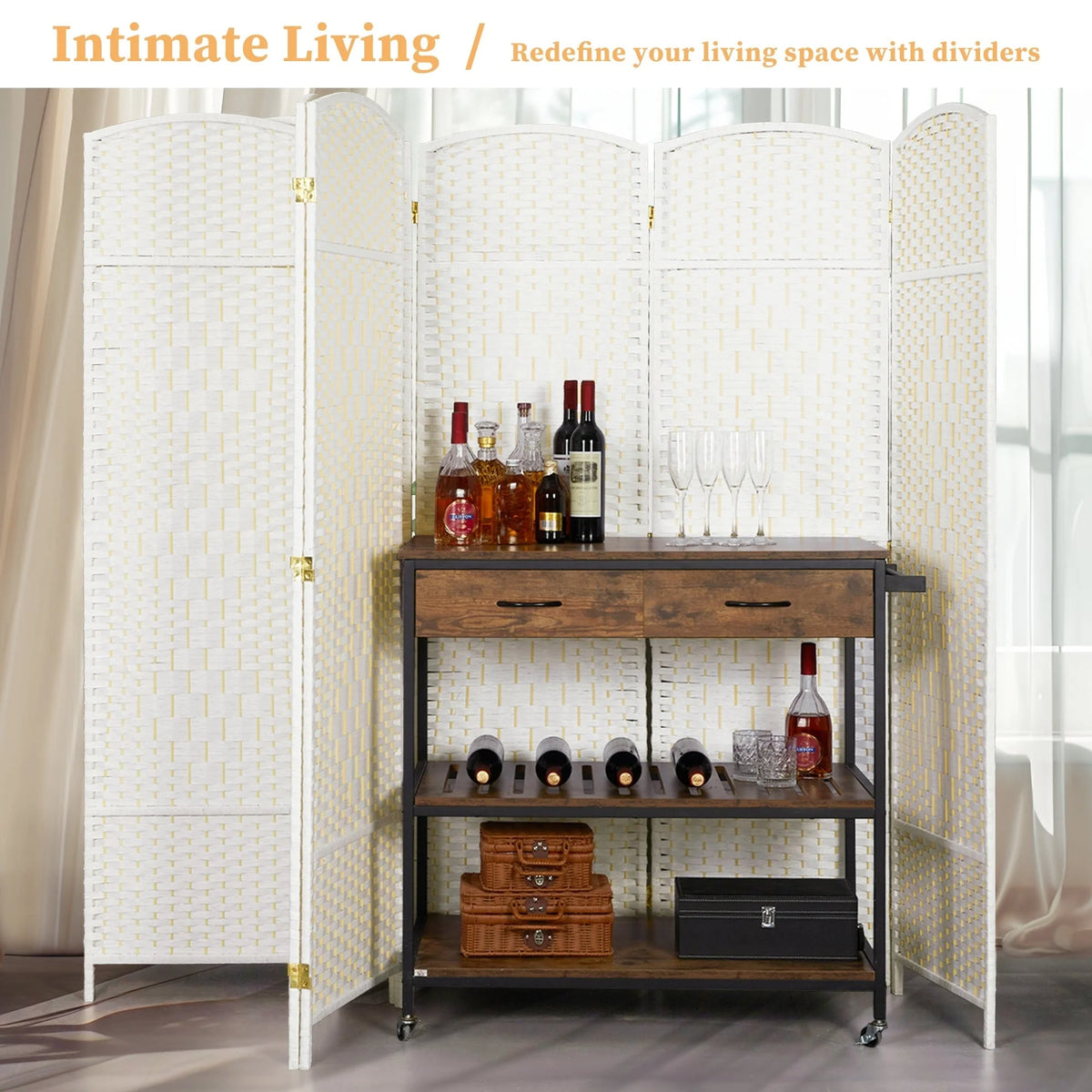 6 FT Tall Woven Fiber Room Divider, Freestanding Folding Privacy Screen
