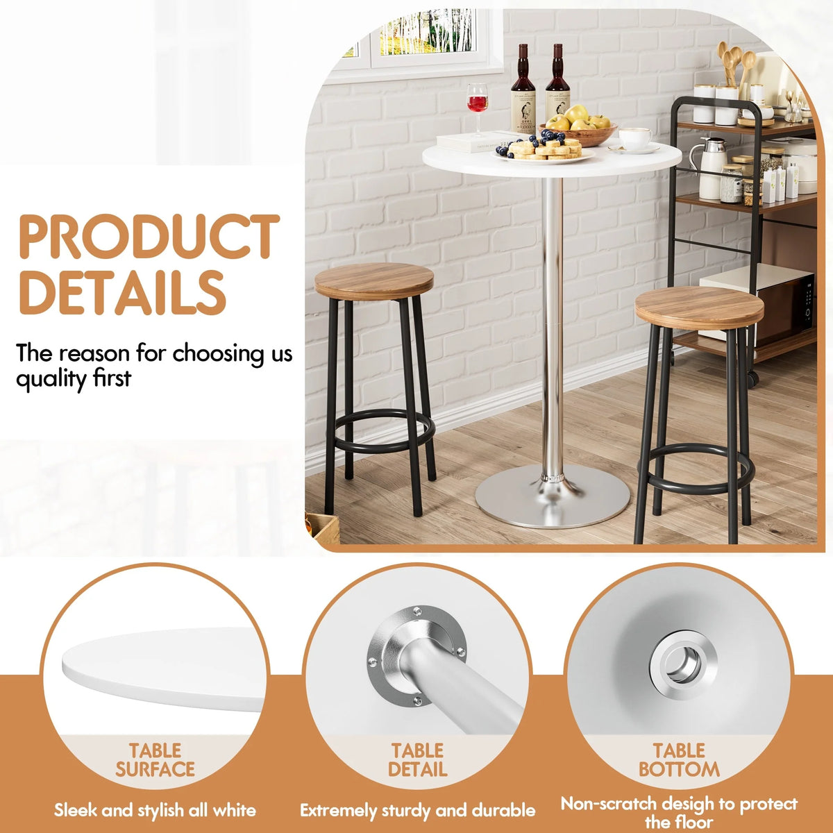 Round Bistro Pub Table, Bar Height Cocktail Table with Metal Base and MDF Top, 23.8 Inch
