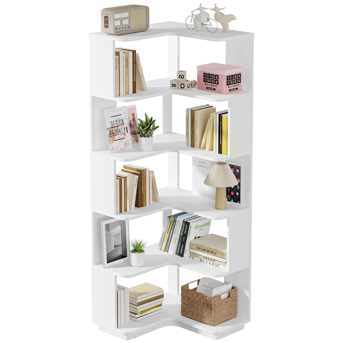 64.9 Inch Tall 6-Tier Corner Bookshelf, Freestanding Wood Industrial Bookcase