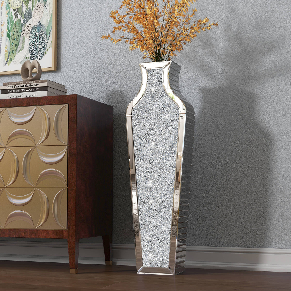 Tall Crushed Diamond Floor Vase, Luxury Decorative Crystal Accent Vase for Living Room, Bedroom and Home Decor