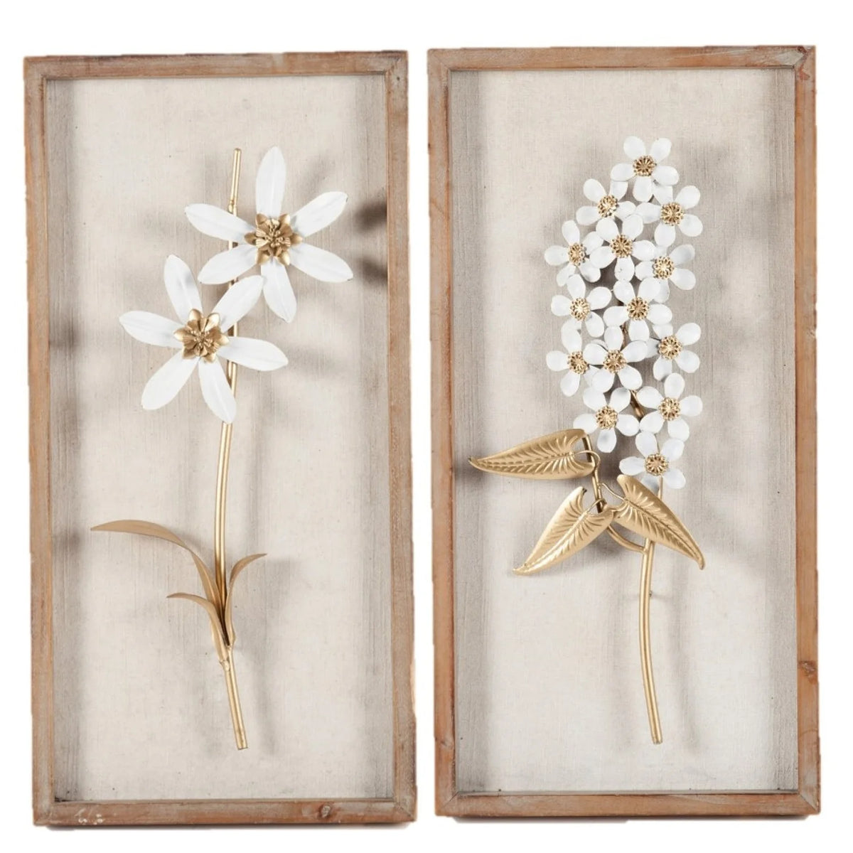 Set of 2 White and Gold Metal Flower Wall Decor with Wood Frames, Decorative Floral Wall Art