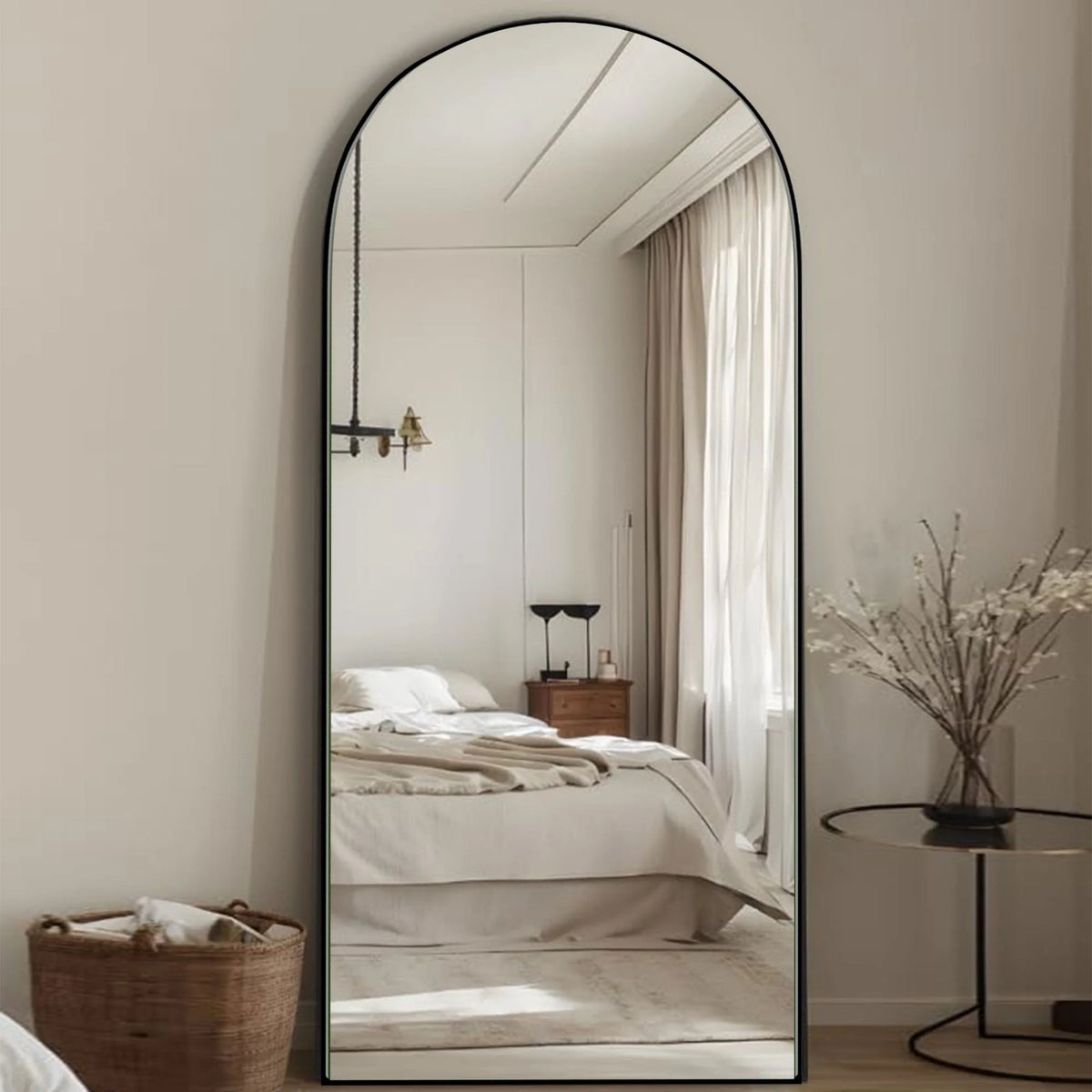 Arched Full Length Wood Floor Mirror, Full Body Standing and Wall Mounted Mirror for Bedroom, Living Room and Home Decor