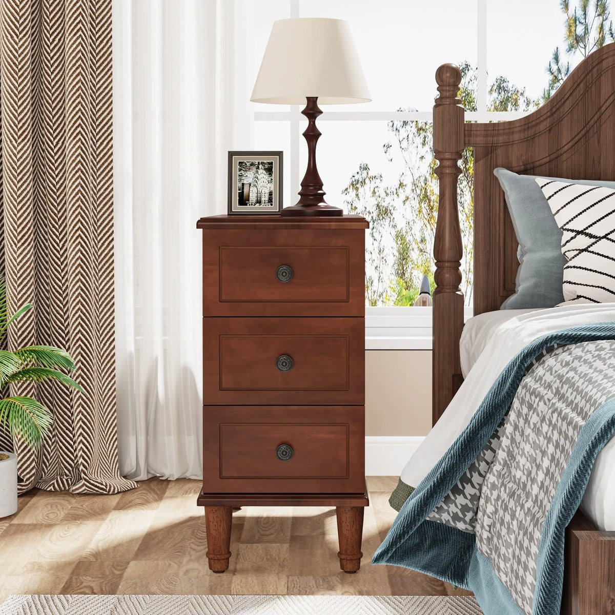 Fully Assembled Narrow End Table, Solid Wood Side Table with 3 Drawers, Vintage Nightstand for Small Spaces