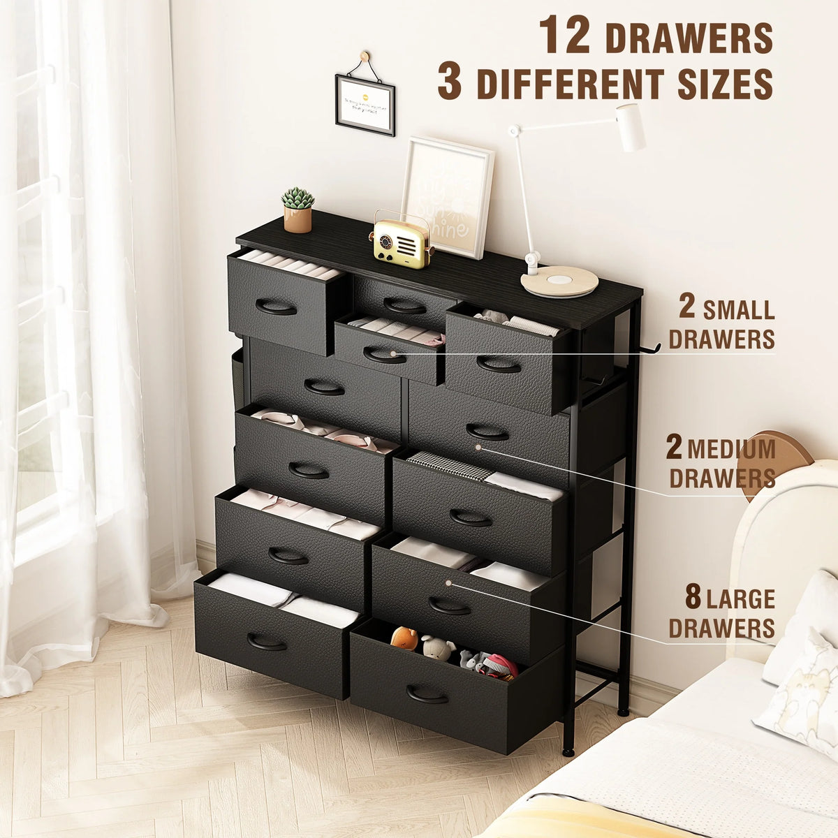 12 Drawer Fabric Dresser, Tall Bedroom Chest of Drawers with Storage