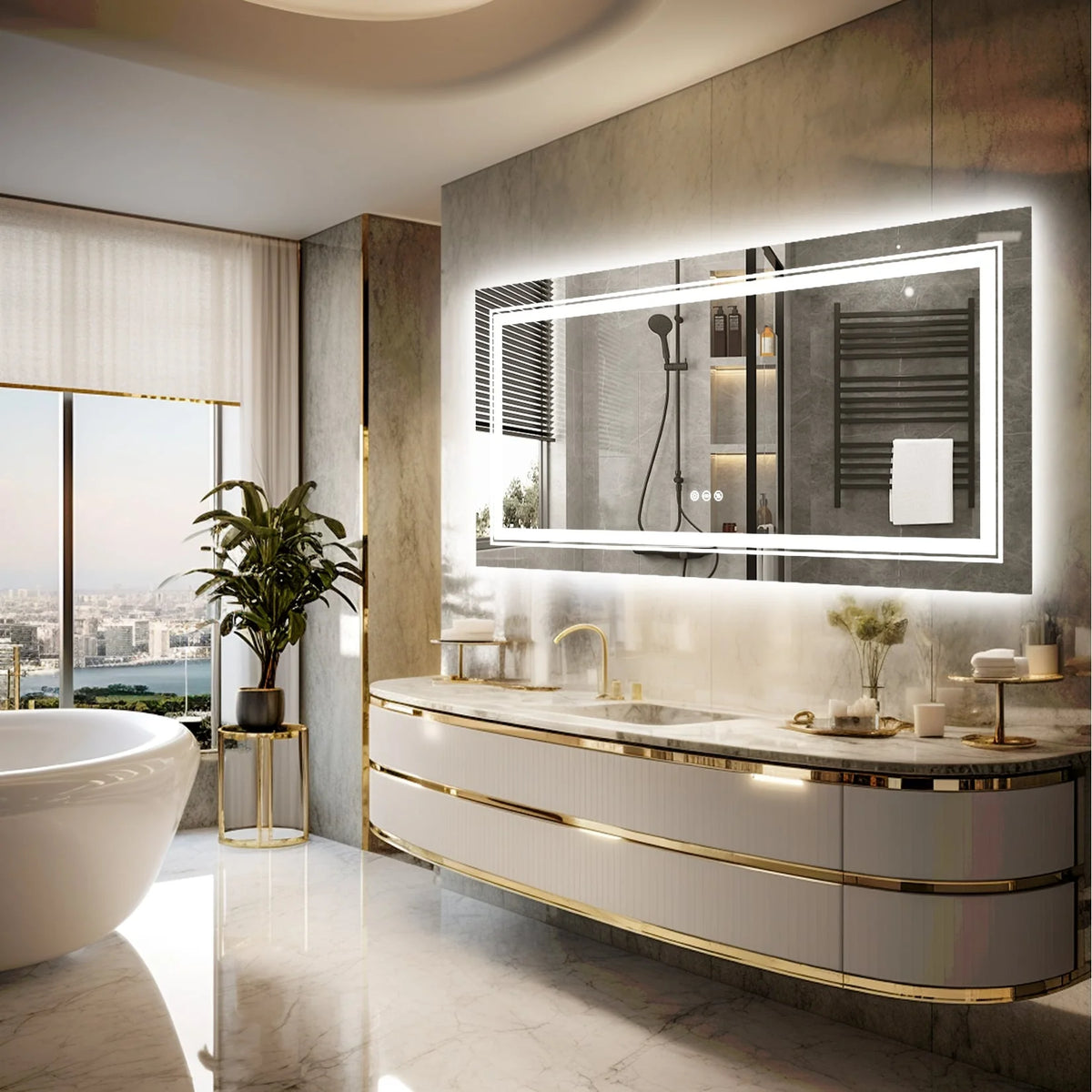 Extra Large LED Lighted Bathroom Mirror, Anti-Fog Wall Mounted Vanity Mirror with 3 Colors