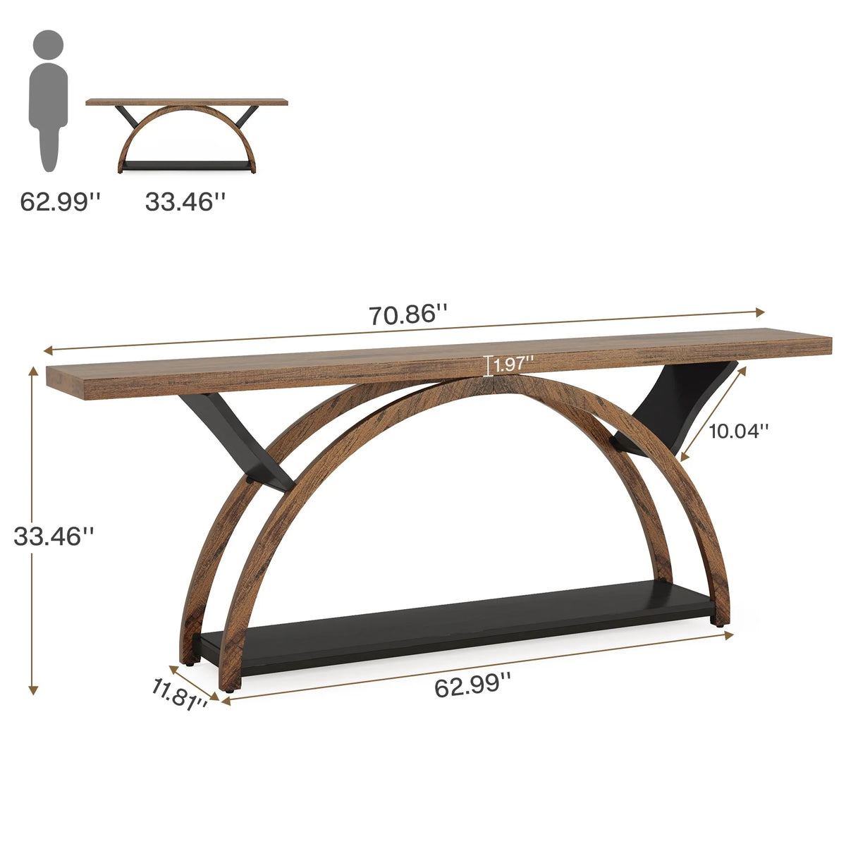Gray 2-Tier Slim Console Sofa Table, Semi-Circular Metal Frame for Hallway