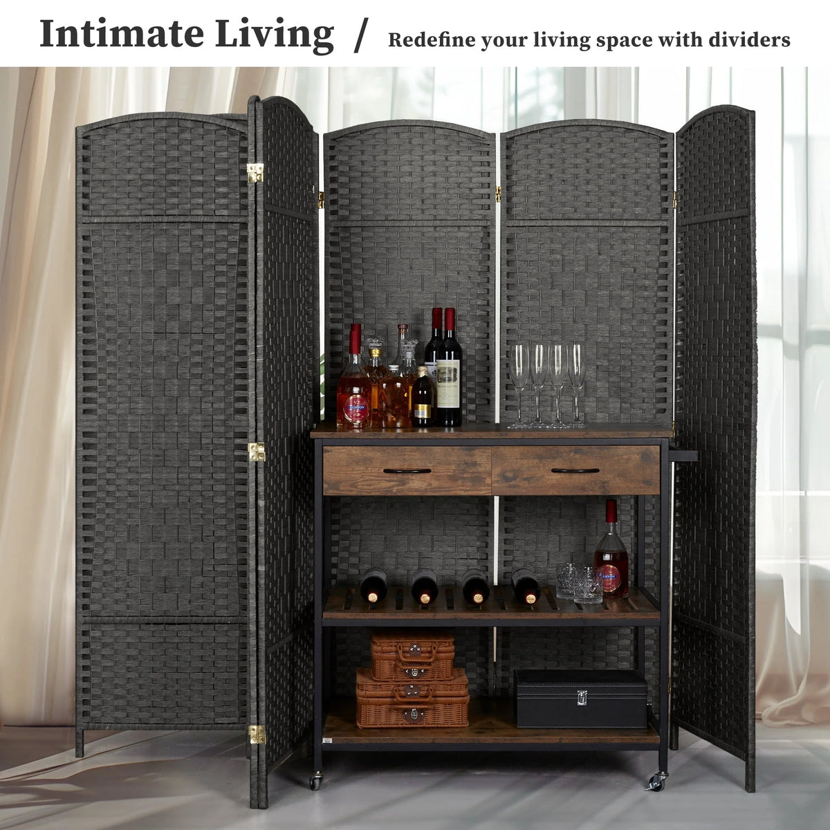 6 FT Tall Woven Fiber Room Divider, Freestanding Folding Privacy Screen