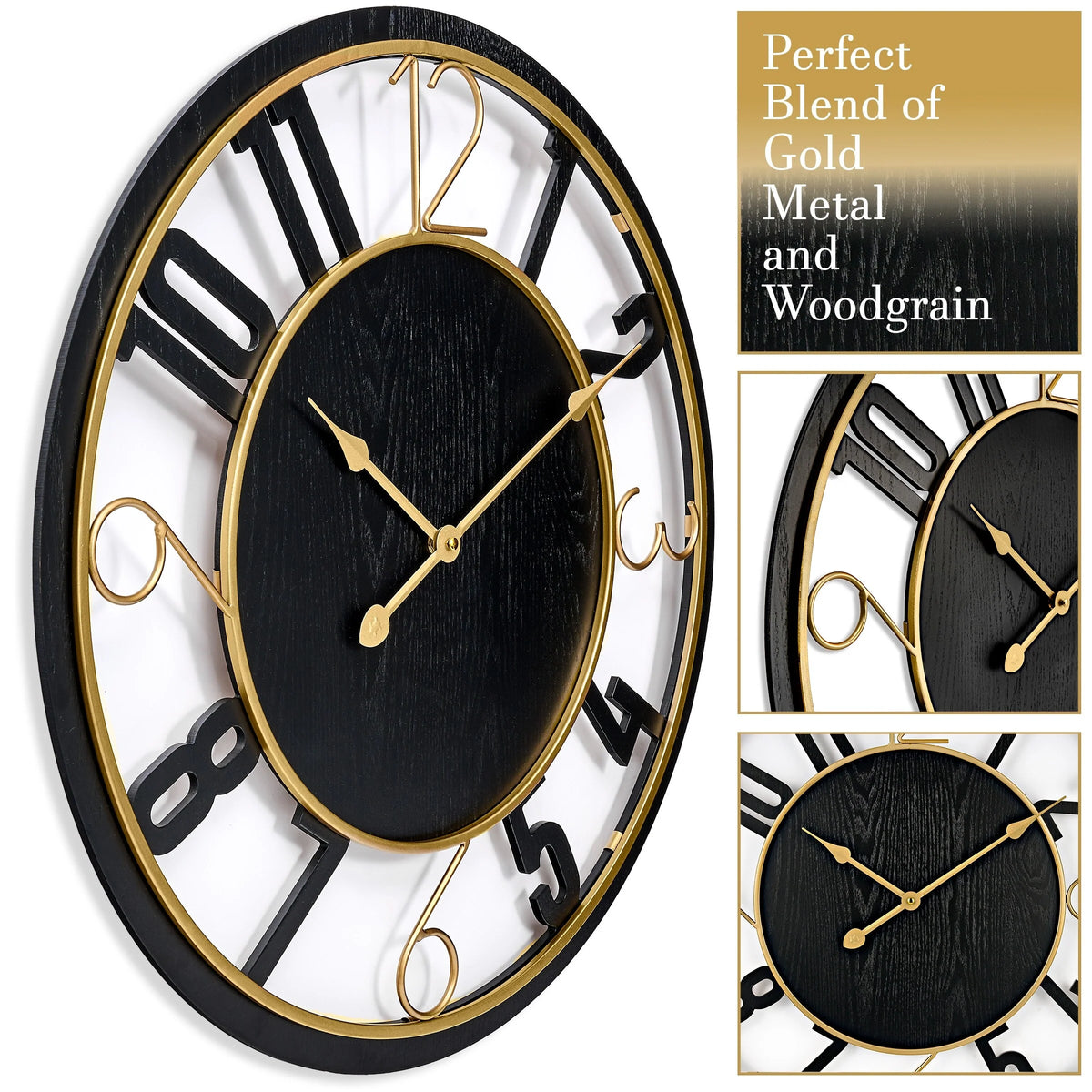 24 Inch Round Wooden Wall Clock, Modern Analog Clock with Numeral Design, Battery Operated