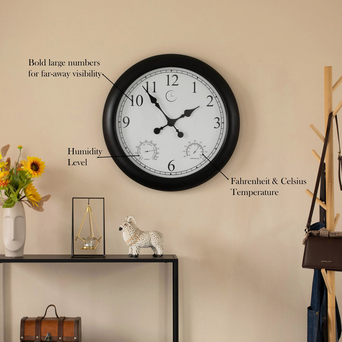 Large Outdoor Wall Clock with Thermometer, Waterproof Silent Garden Weather Station, Black